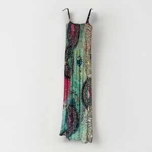 Boho Patchwork Maxi Dress Gold Foil Smocked Festival Resort Flowy Hippie
